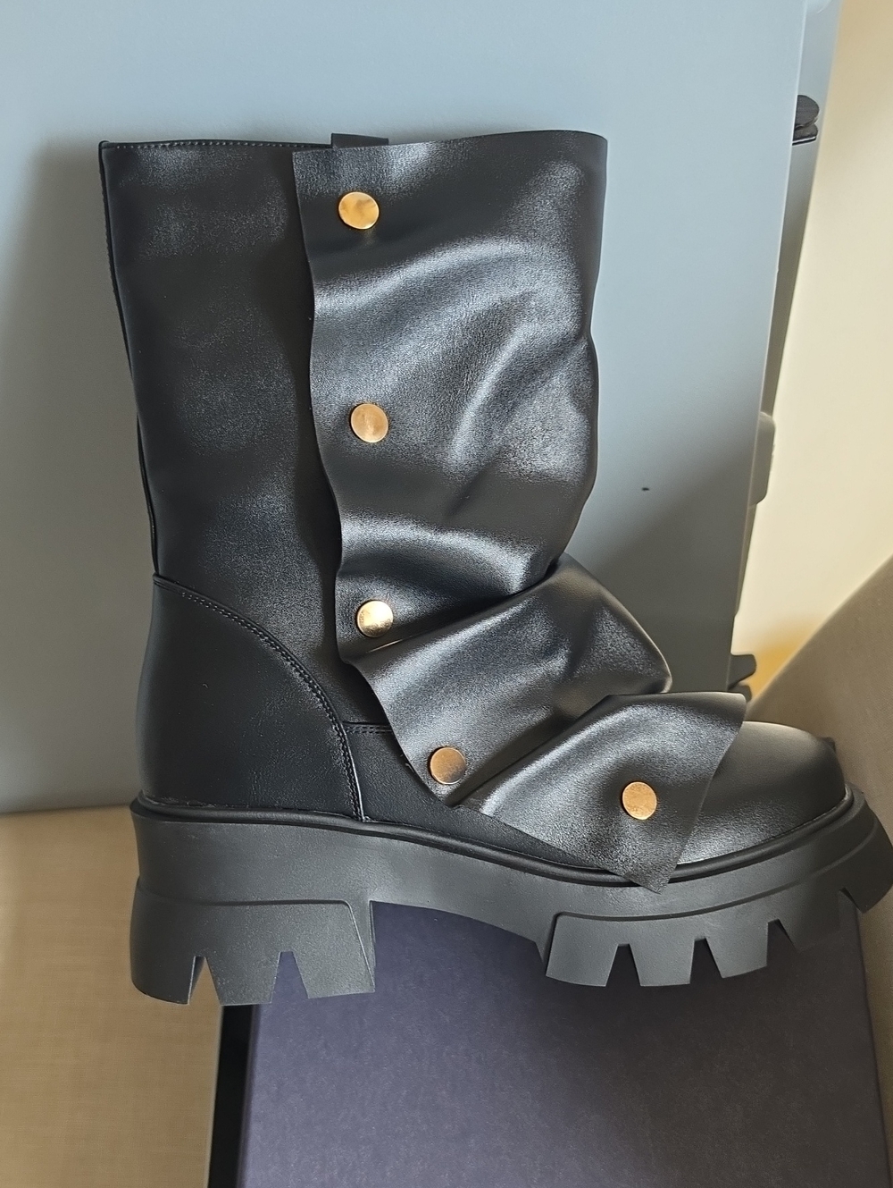 Black Leather-Look Ruffle Combat Boots with Gold Studs